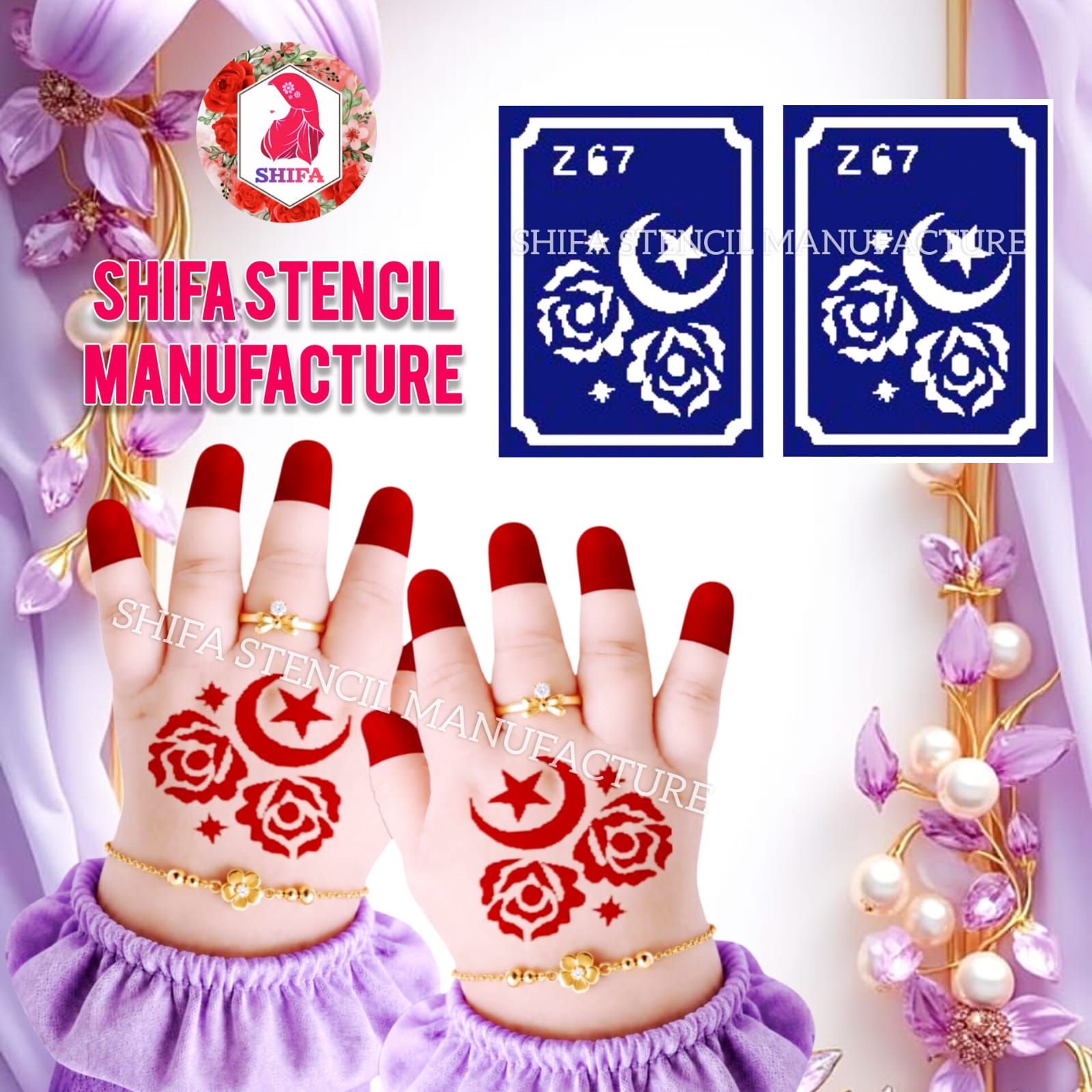 Z 67 Twin Rose Celestial Bloom Sticker Overview Henna Stencil - Shifa Stencil